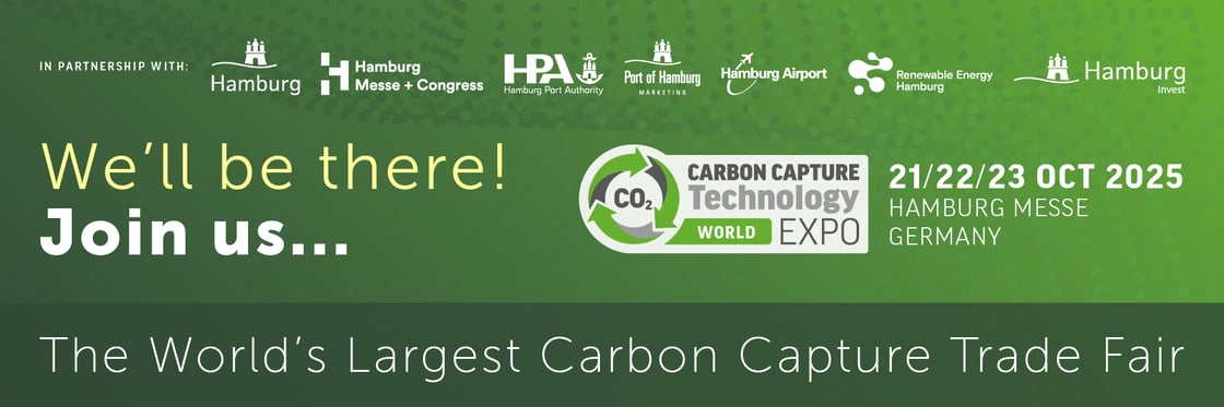Promotional graphic for the Carbon Capture Technology World Expo, the world's largest carbon capture trade fair, scheduled for October 21-23, 2025, at Hamburg Messe, Germany. The image features the event logo with CO2 and recycling arrows, event details, and a list of partner organizations including Hamburg, Hamburg Messe + Congress, Hamburg Port Authority, Port of Hamburg Marketing, Hamburg Airport, Renewable Energy Hamburg, and Hamburg Invest.