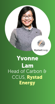 Yvonne Lam, Head of Carbon & CCUS at Rystad Energy, smiling, wearing glasses and a grey sweater, set against a white circle with a Rystad Energy logo and green background.
