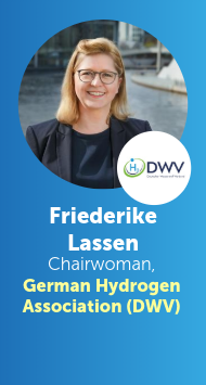 Friederike Lassen, Chairwoman of the German Hydrogen Association (DWV), smiling, wearing glasses and a blazer, with the association logo to the right.
