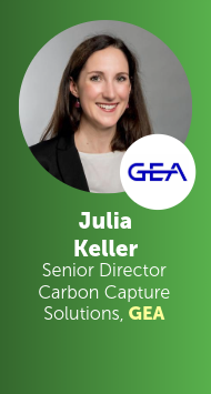 Portrait of Julia Keller, Senior Director of Carbon Capture Solutions for GEA, smiling, with the GEA logo below.