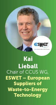 Portrait of Kai Lieball, smiling, with the ESWET logo and text identifying him as Chair of CCUS WG, ESWET - European Suppliers of Waste-to-Energy Technology.