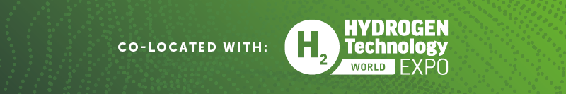 Green gradient background with white text stating "CO-LOCATED WITH:" to the left and a hydrogen symbol logo alongside the text "HYDROGEN Technology WORLD EXPO".