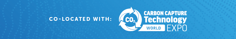 "Co-located with Carbon Capture Technology World Expo logo featuring CO2 symbol within recycling arrows, alongside text, on a blue dotted background."