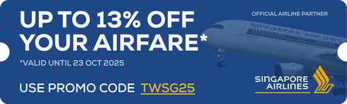 Enjoy exclusive fares when you fly with Singapore Airlines, our Official Airline Partner. Discount applies to selected fare classes on eligible routes.